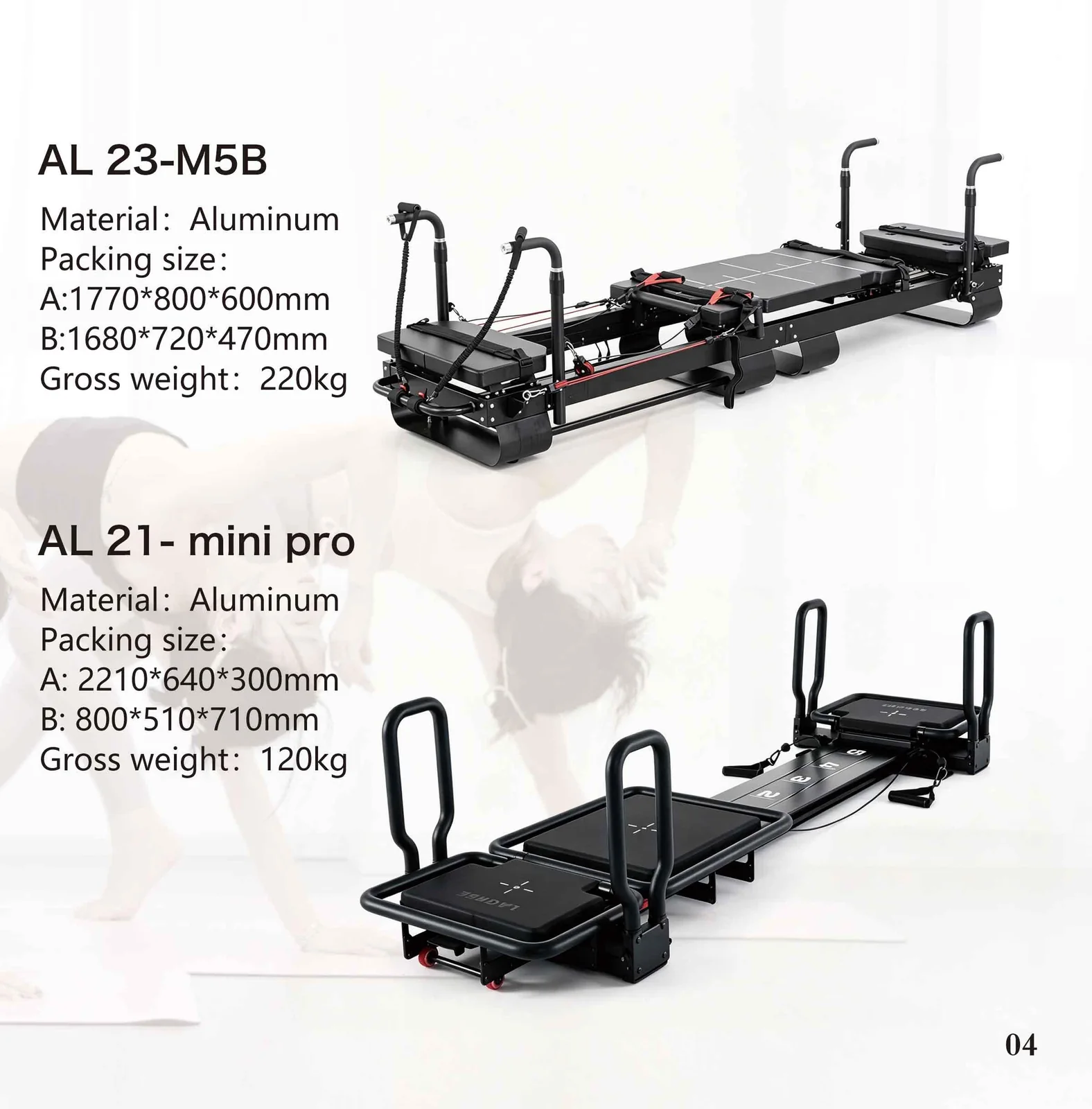 2026 catalogue page 04 — AL 23-M5B and AL 21-mini pro Pilates reformer, packed size and gross weight