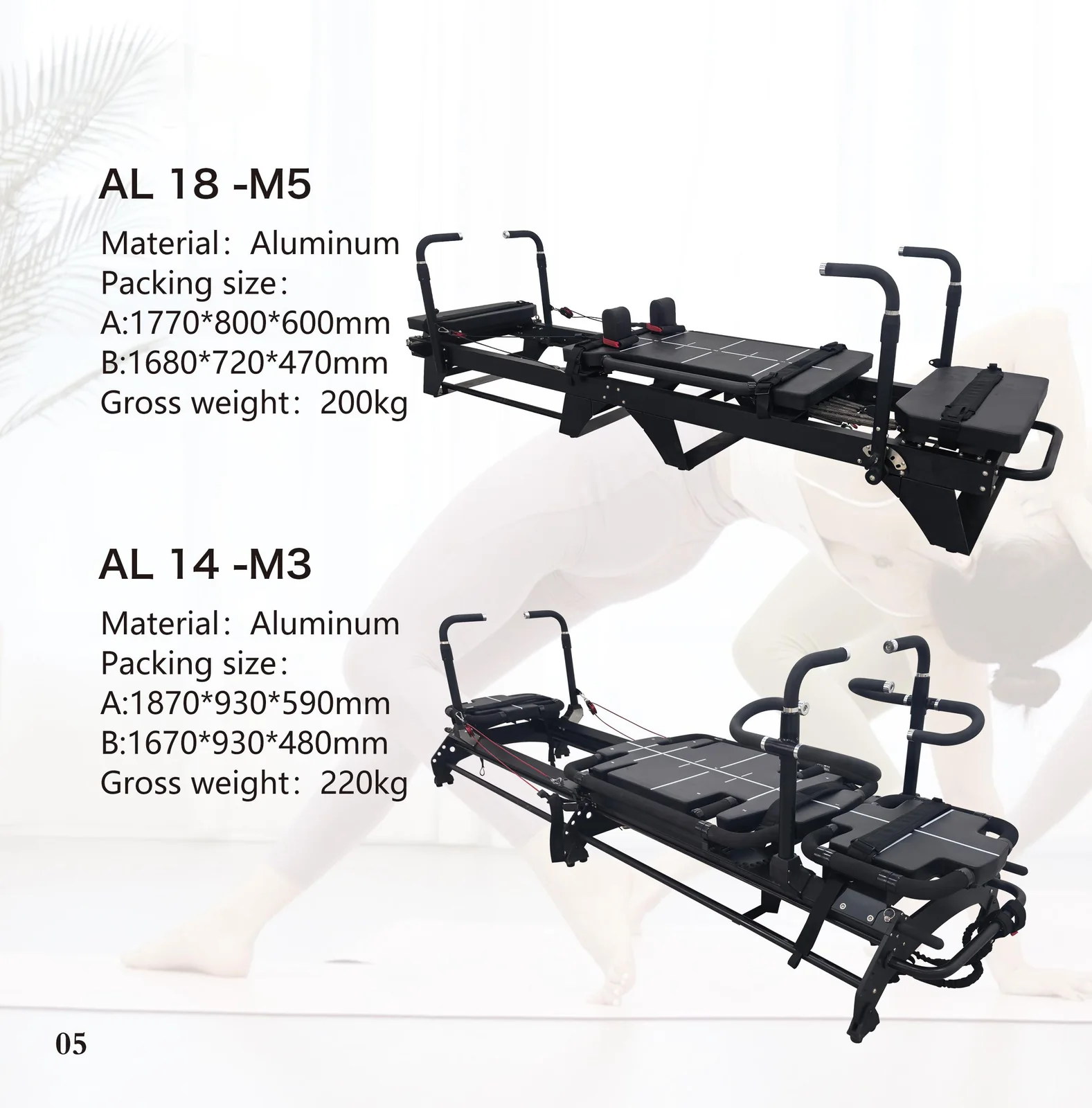 2026 catalogue page 05 — AL 18-M5 and AL 14-M3 Pilates reformer, packed size and gross weight