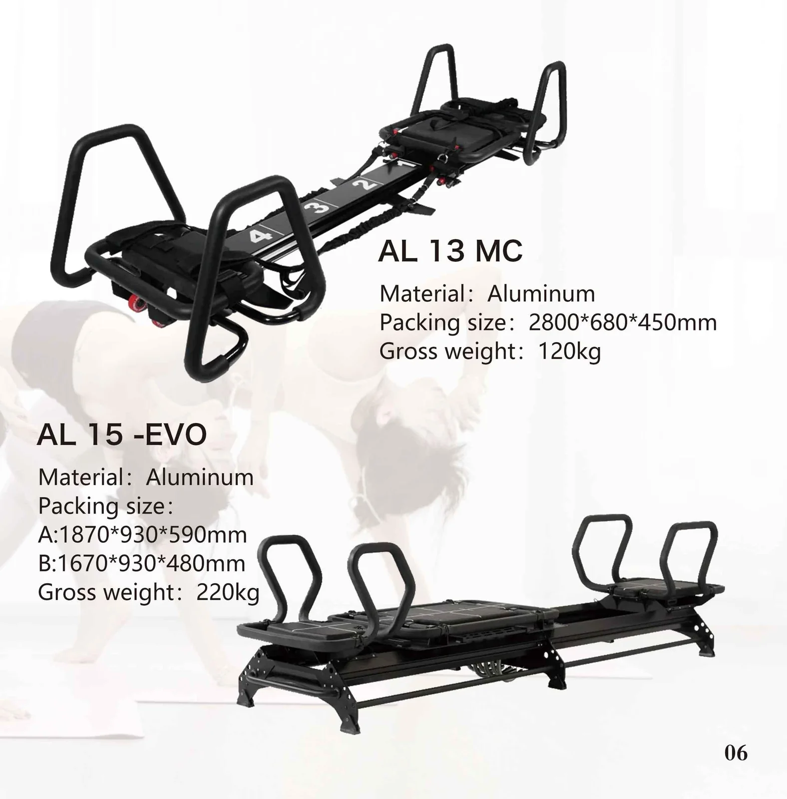 2026 catalogue page 06 — AL 13 MC and AL 15-EVO Pilates reformer, packed size and gross weight
