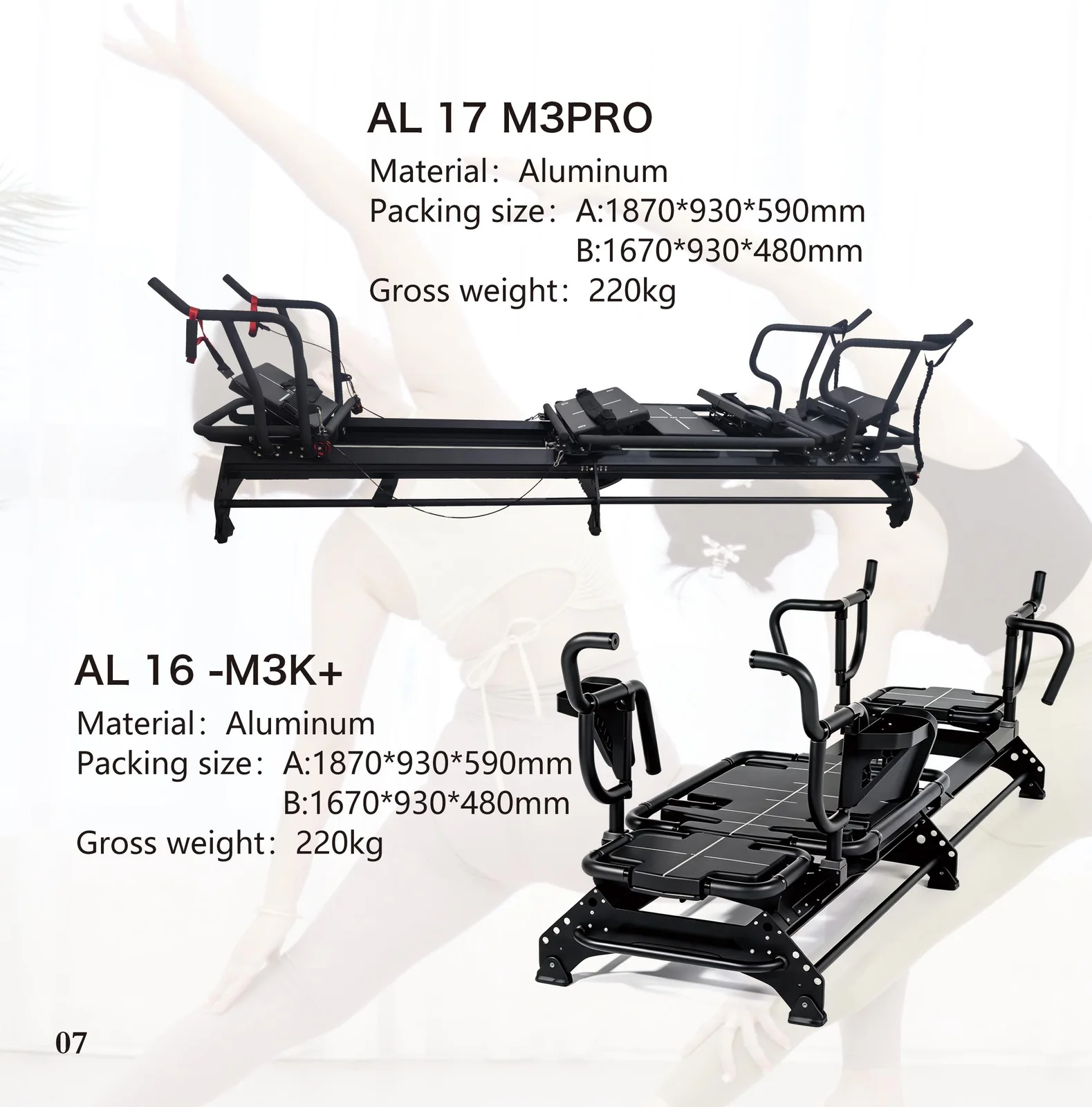 2026 catalogue page 07 — AL 17 M3PRO and AL 16-M3K+ Pilates reformer, packed size and gross weight