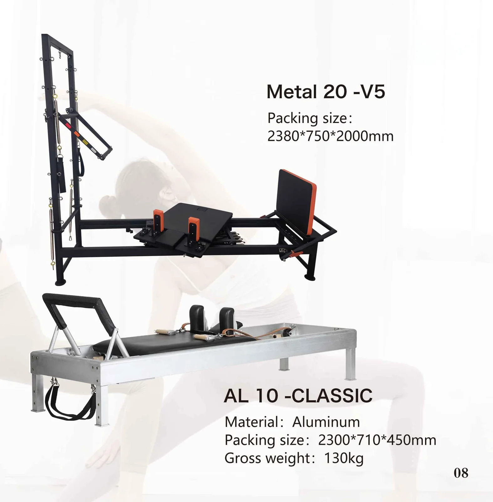 2026 catalogue page 08 — Metal 20-V5 and AL 10-CLASSIC Pilates reformer, packed size and gross weight