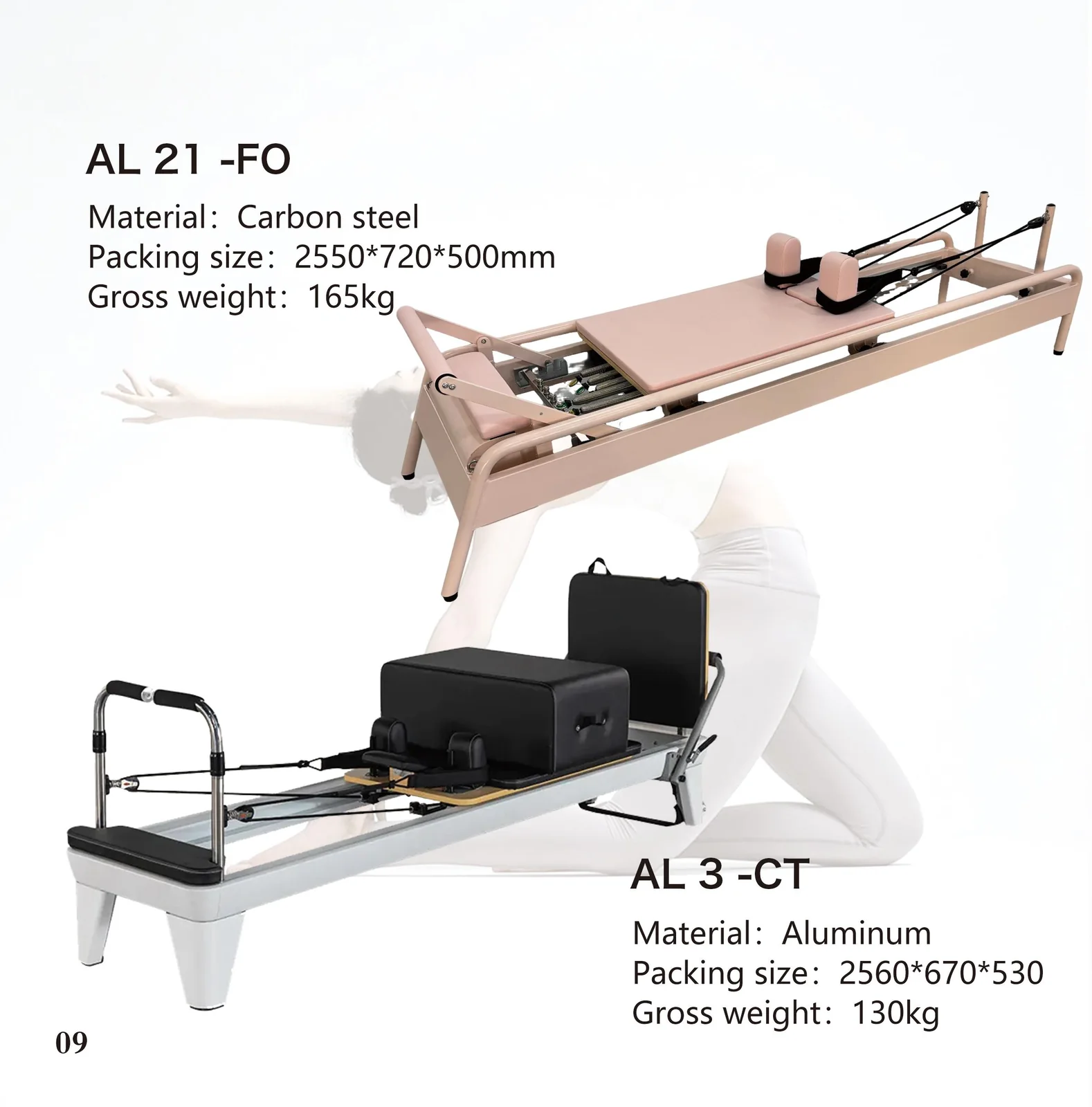 2026 catalogue page 09 — AL 21-FO and AL 3-CT Pilates reformer, packed size and gross weight