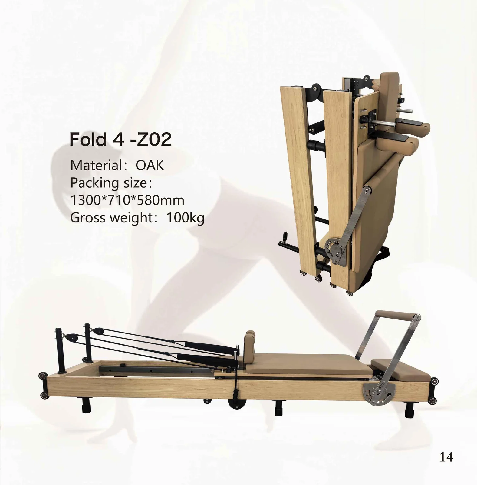 2026 catalogue page 14 — Fold 4-Z02 Pilates reformer, packed size and gross weight