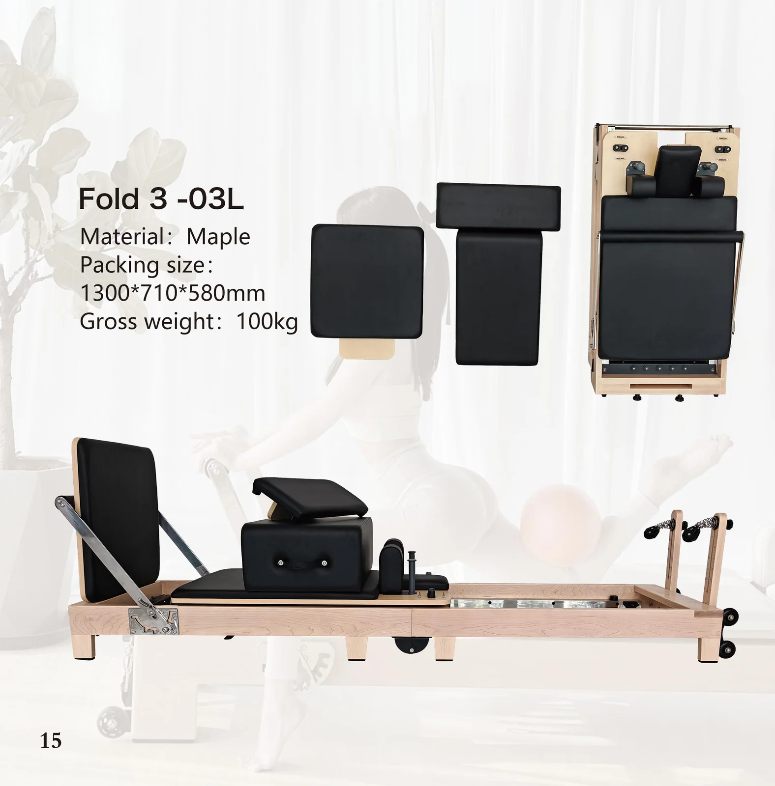 2026 catalogue page 15 — Fold 3-03L Pilates reformer, packed size and gross weight