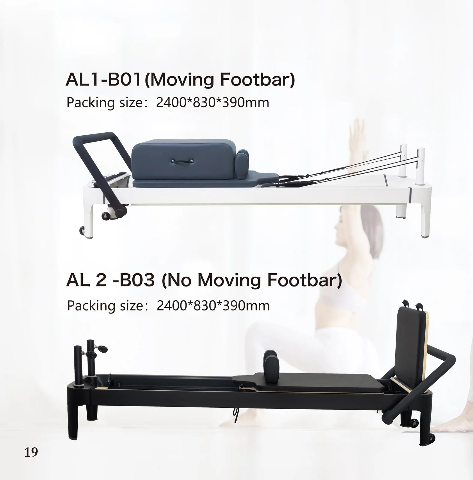 2026 catalogue page 19 — AL1-B01 and AL 2-B03 Pilates reformer, packed size and gross weight
