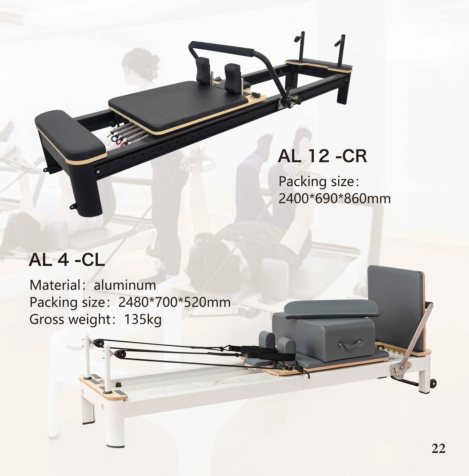 2026 catalogue page 22 — AL 12-CR and AL 4-CL Pilates reformer, packed size and gross weight