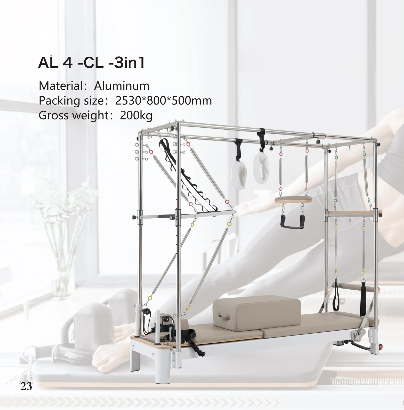 2026 catalogue page 23 — AL 4-CL-3in 1 Pilates reformer, packed size and gross weight