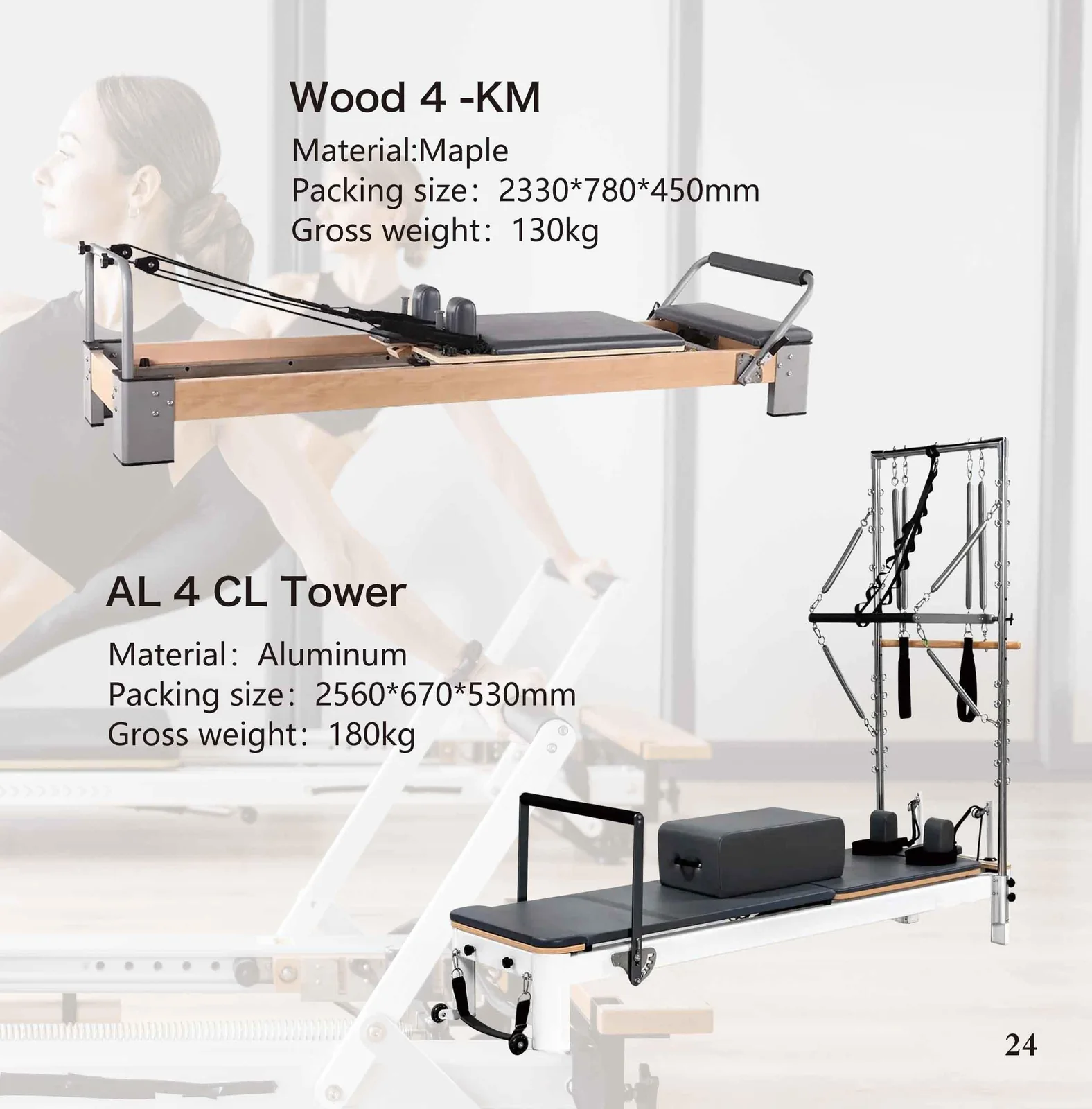 2026 catalogue page 24 — AL 4 CL Tower Pilates reformer, packed size and gross weight