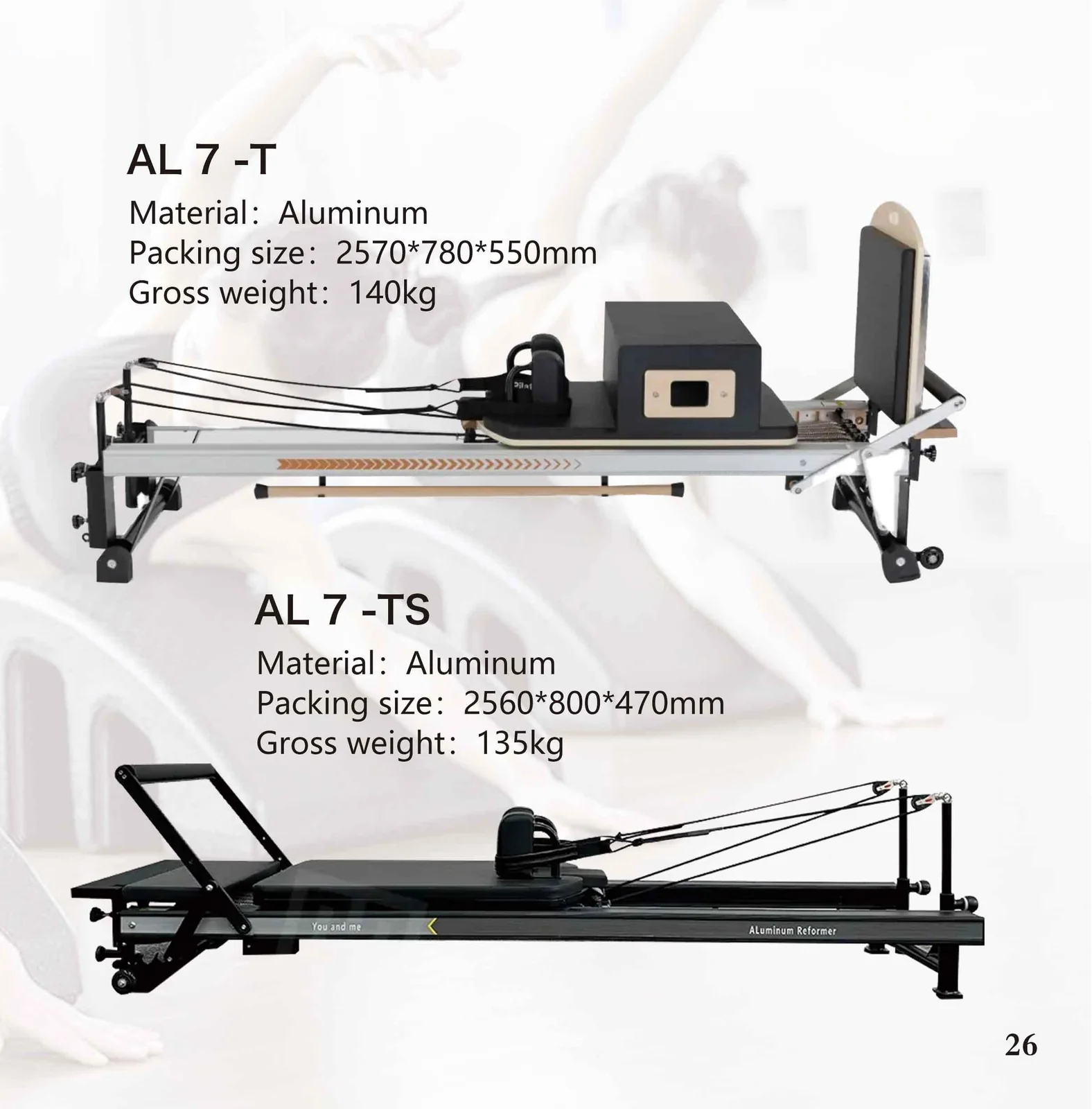 2026 catalogue page 26 — AL 7-T and AL 7-TS Pilates reformer, packed size and gross weight
