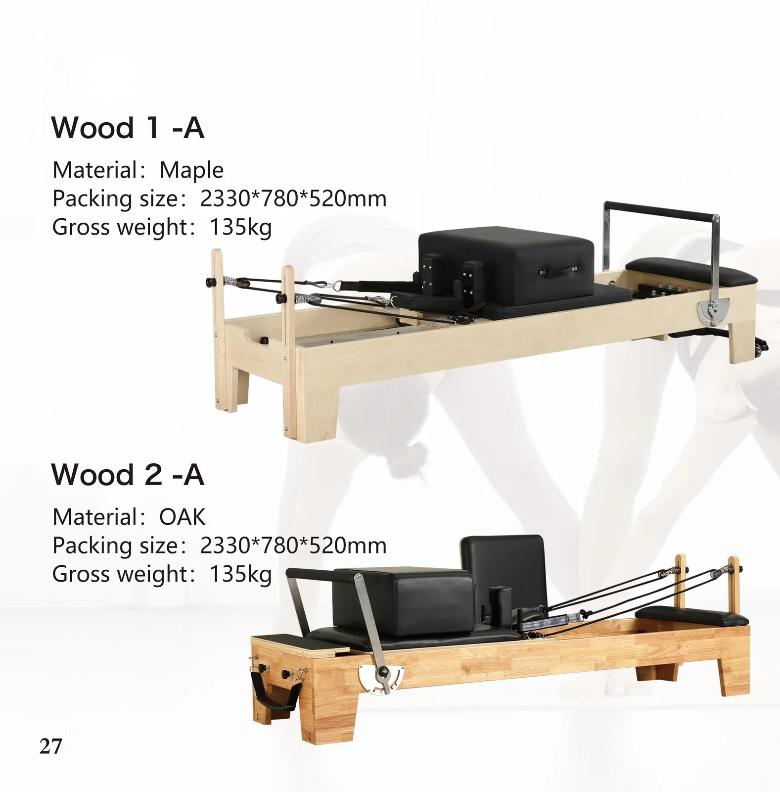 2026 catalogue page 27 — Wood 1-A and Wood 2-A Pilates reformer, packed size and gross weight
