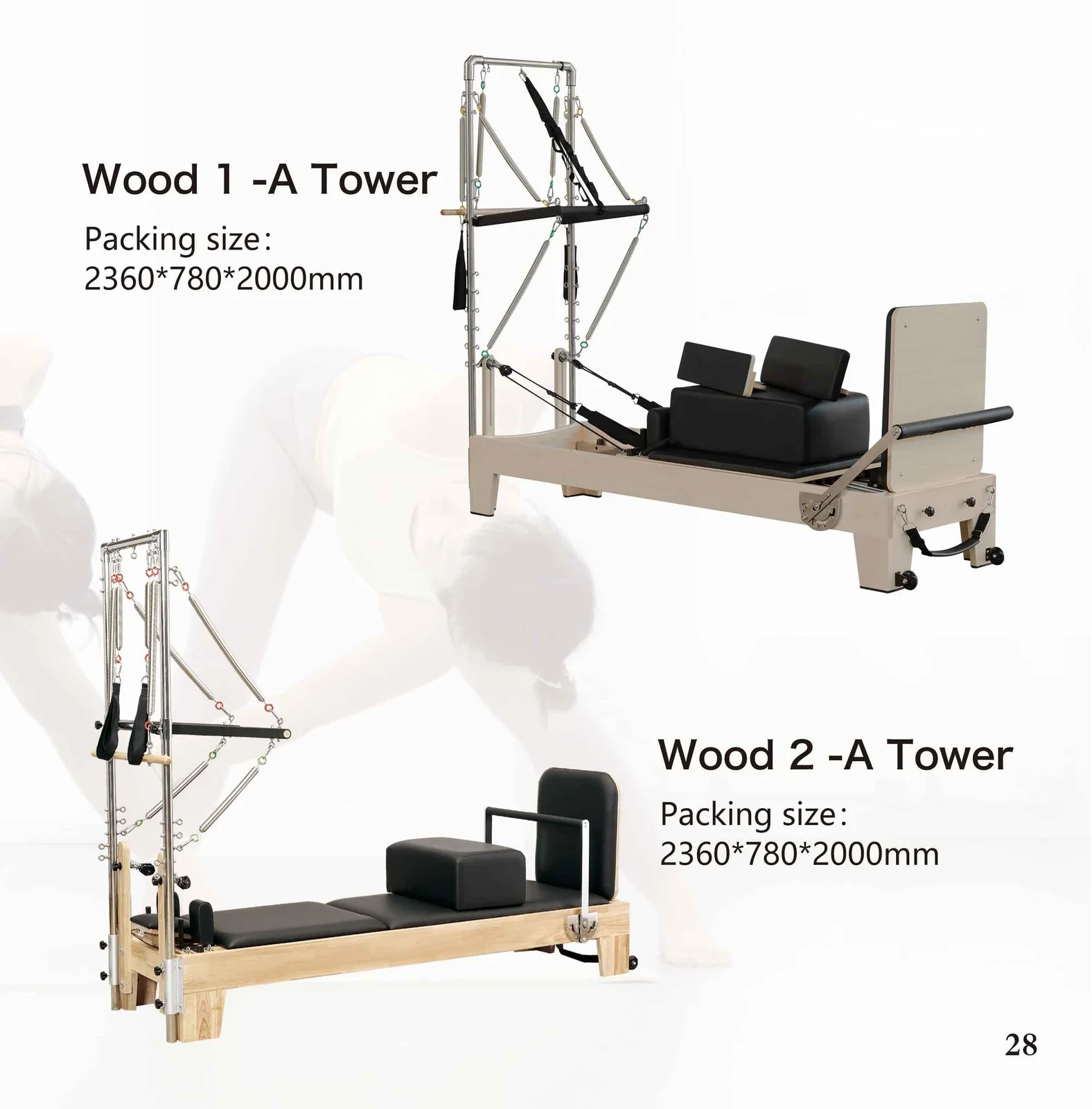 2026 catalogue page 28 — Wood 1-A Tower and Wood 2-A Tower Pilates reformer, packed size and gross weight