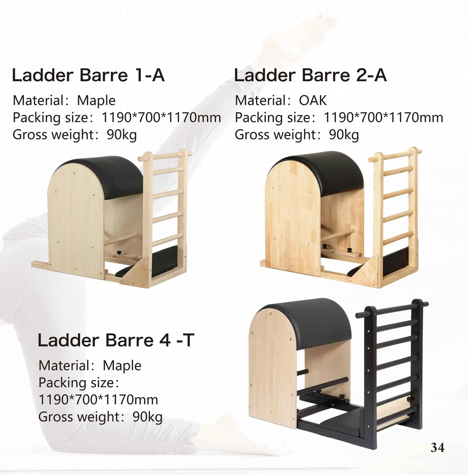 2026 catalogue page 34 — Ladder Barre 1-A, 2-A and 4-T solid timber Pilates ladder barrels with packed size and gross weight