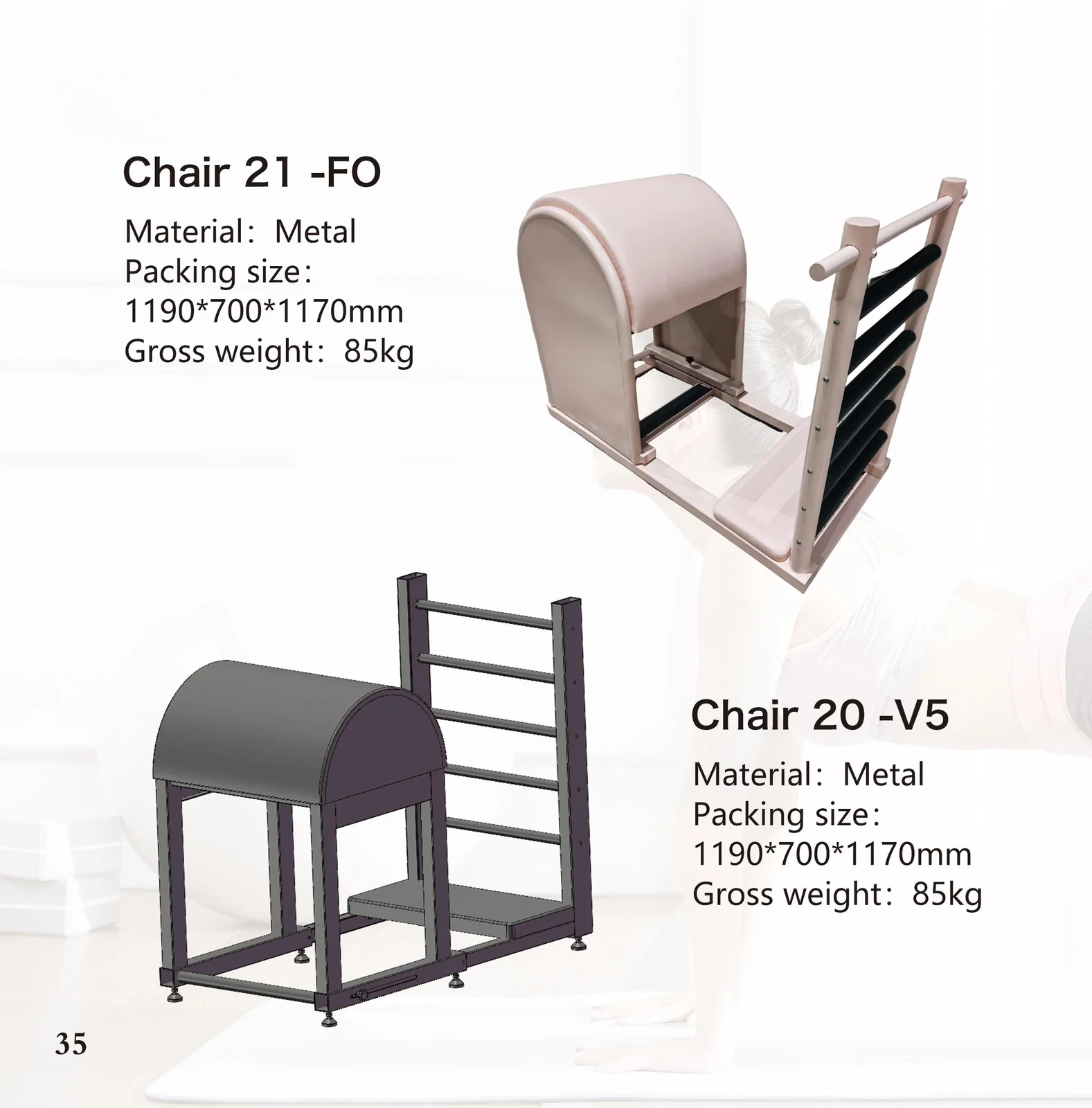 2026 catalogue page 35 — Ladder Barre 21-FO and Ladder Barre 20-V5 metal Pilates ladder barrels with packed size and gross weight