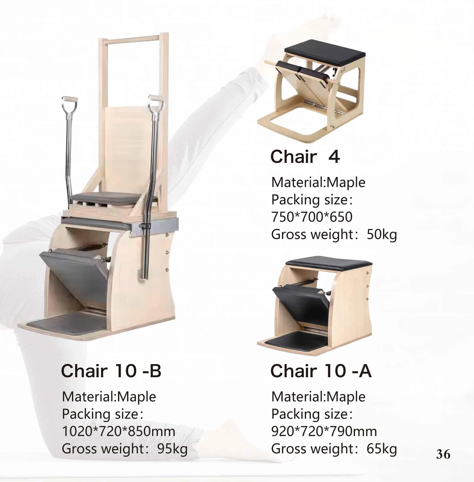 2026 catalogue page 36 — Chair 4 and Chair 10-B and Chair 10-A Pilates reformer, packed size and gross weight