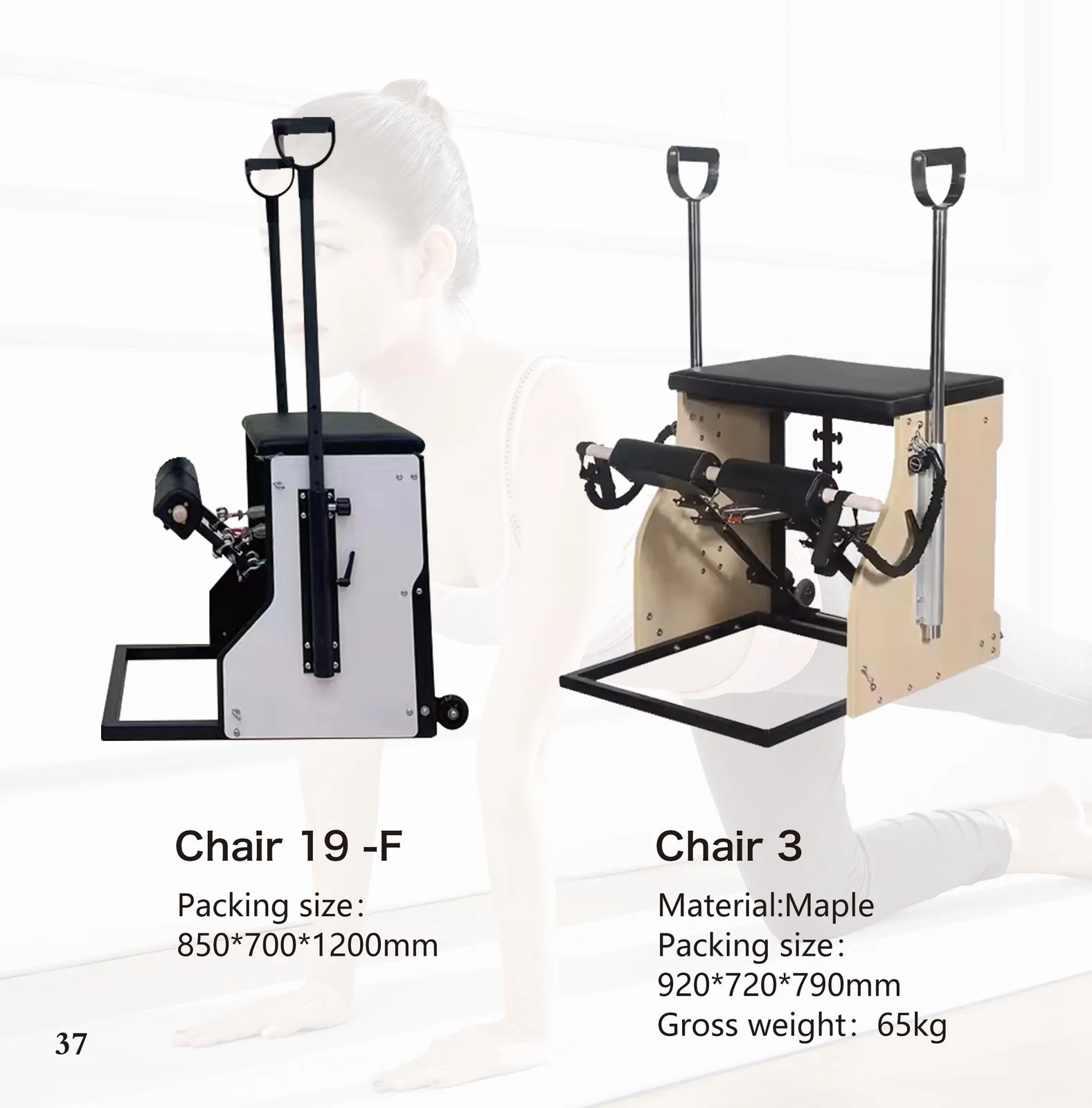 2026 catalogue page 37 — Chair 19-F and Chair 3 Pilates reformer, packed size and gross weight