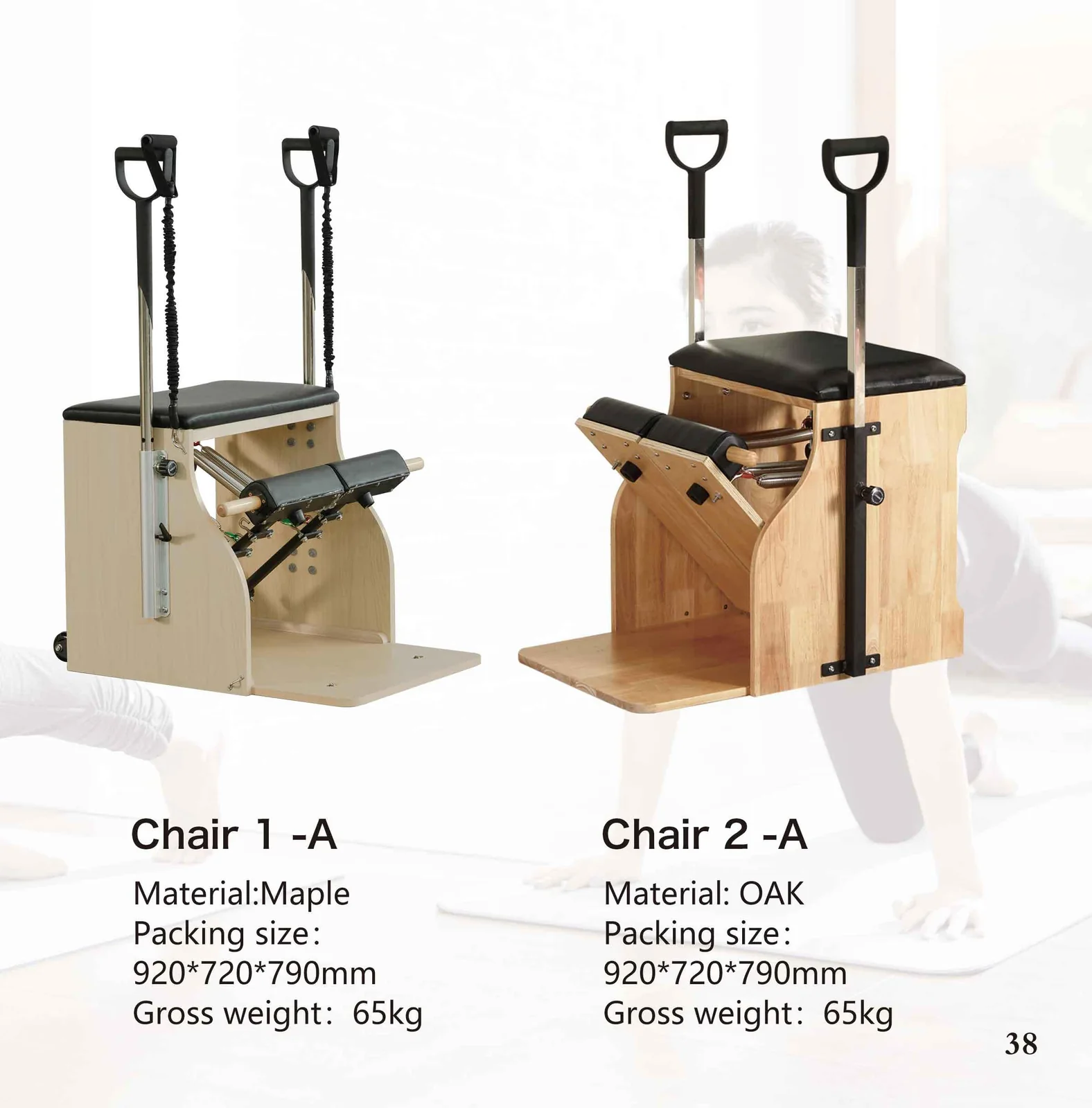 2026 catalogue page 38 — Chair 1-A and Chair 2-A Pilates reformer, packed size and gross weight